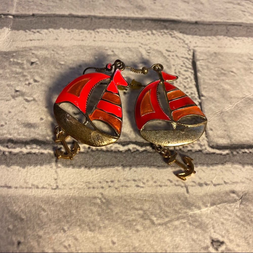 Vintage 80s Neon sailboat anchor earrings